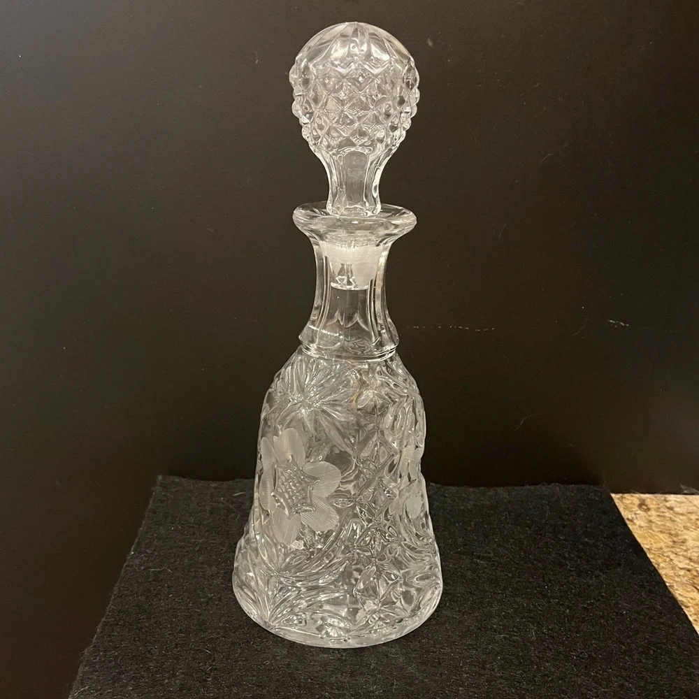 Vintage Cut Crystal Decanter with Stopper Etched Floral Design